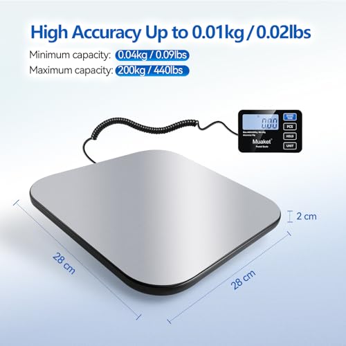 Muaket 200kg/10g Paketwaage, Digitale Plattformwaage mit Halte und Tarafunktion, hochpräzise Waage mit LCD-Display, Postal scale für Gepäck, Pakete und Lager, inklusive 2 AAA-Batterien und Ladekabel