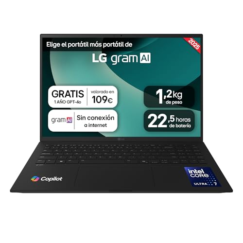 LG gram 16ZD90T.AX88B - Ordenador Portátil 16', Intel Core Ultra7 255H, 32 GB RAM, 1TB SSD, Pantalla IPS Antirreflejo (2560x1600), 1.199 g, 22.5 h de Autonomía, Free OS, Negro