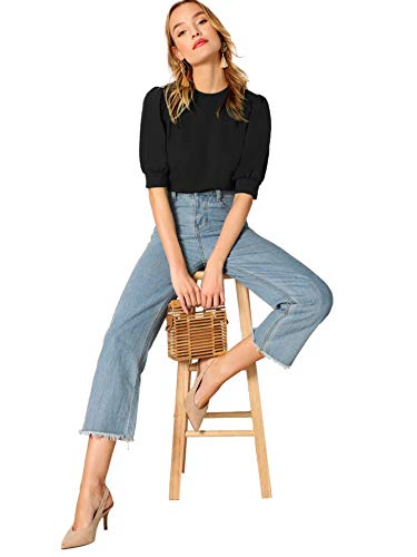 Shein Women's Puff Sleeve Casual Solid Top Pullover Keyhole Back Blouse Black Medium #TOP4