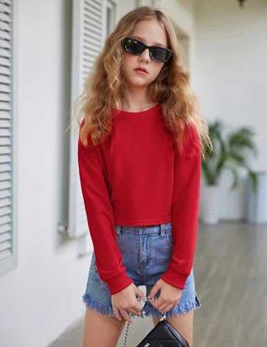 Image of Arshiner Girls Crop Tops Kids Long Sleeve Pullover Sweatshirts Girls Cropped Crewneck Sweatshirt for Teen Girl