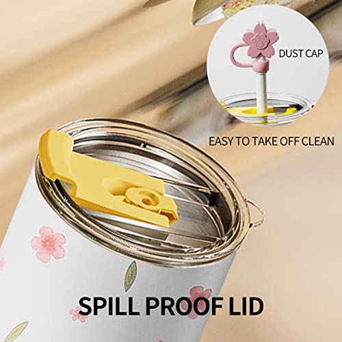 Sweeteek Travel Coffee Mug Spill Proof, Floral Print Vacuum Insulated Stainless Steel Skinny Tumbler With Straw, Coffee Mug To Go, Cherry Blossom Thermos Cup, Gift For Women, 17Oz #TOP1