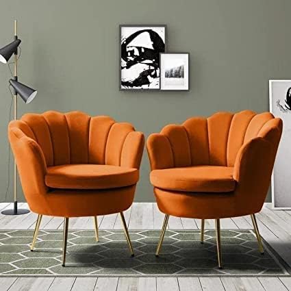 SNOW HANDICRAFTS -Modern Velvet Accent Chairs with Shell Back Design, Set of 2, Upholstery, Gold Metal Legs (Orange)-image-24