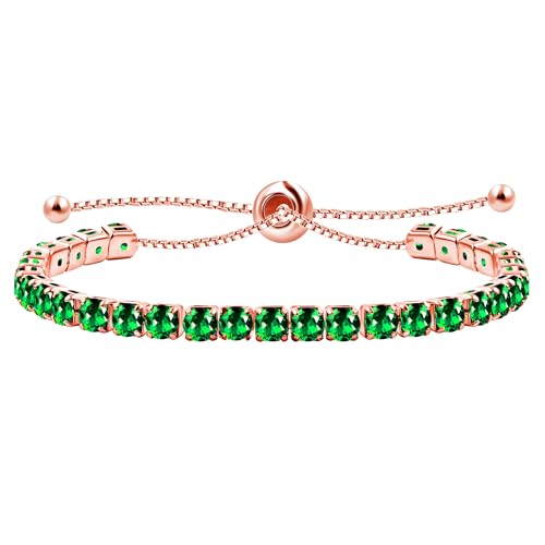 Uloveido Rose Gold Plated Created Emerald Tennis Bracelet for Women - Fashion Adjustable Green Stone Bolo Bracelet for Y4043