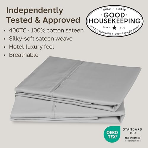 Image of California Design Den Standard Queen Size Pillowcase Set - 400 Thread Count, 100% Cotton Sateen, Set of 2 Pillow Covers, Soft and Breathable - Light Grey