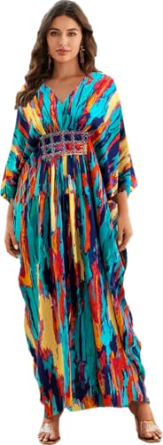 Women Beach Cover up V neck Caftan Loungewear 3/4 Sleeve Swimsuit Cover Up Kaftan Dress Loose Fit Ankle Length Muumuu