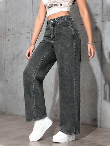 Image of KOTTY Women's High Rise Wide Leg Jeans|Cotton Blend Straight Fit Denim|Trendy Comfortable Casual Wear