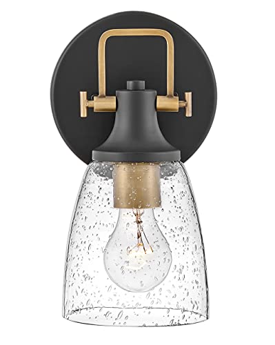 Image of Hinkley Easton 51270BK Single Light Bath Vanity Fixture, Modern Industrial, Clear Seedy Glass Shade, Mounts Up or Down, Black and Heritage Brass
