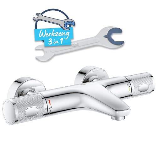 GROHE Precision Feel, Badewannenarmatur, wassersparend (Thermostat mit stets kühler Oberfläche für Kinder, Duscharmatur mit Sicherheitssperre bei 38°C, Anti-Rutsch Griffe, 3in1 Tool), chrom, 34788000