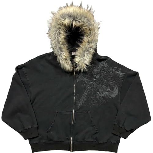 aijiojio Fur Zip Up Hoodies y2k grunge clothes Vintage Printed Jacket long sleeve Hoodie Fur Collar Fashion Outgoing Unisex (Black-c Medium)