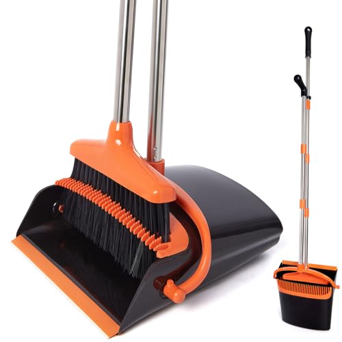 XXXFLOWER Großer Besen und Kehrschaufel-Set mit 138.4 cm langem Griff für drinnen und draußen, Zuhause, Küche, Bürozimmer, aufrecht stehender Besen und Kehrschaufel, Kombination (Schwarz und Orange)