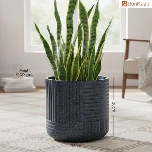 Image of Bonkaso 15 Inch Ribbed Planter Pot for Indoor & Outdoor Use | Round Heavy Duty Polymer Flower Pot | Lightweight Weather Resistant Modern Gamla for Living Room Balcony & Terrace (Dark Grey)