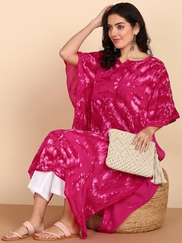 Image of Maaesa Women Handcrafted Tie & Dye Rayon Crepe Kaftan Dress | Casual Wear | Flowy Kaftan Style | Lightweight & Breathable Fabric
