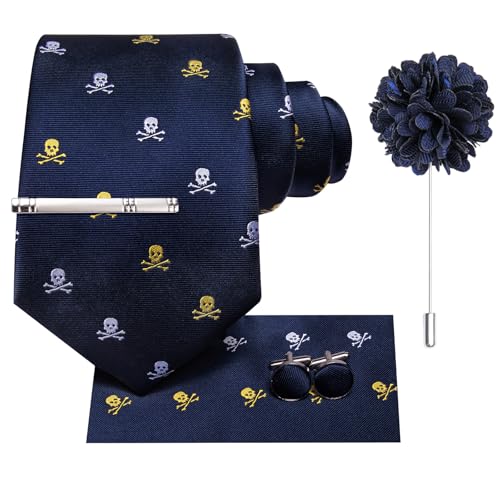 Image of Hi-Tie Men's Blue Yellow White Skull Dress Tie Sets Classic Neckties and Pocket Square Lapel Pin Silver Tie Clip Cufflinks Set Wedding Business 6PCS