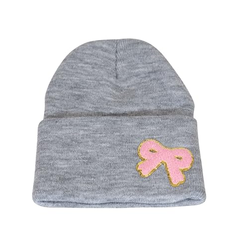 Girls Winter Knit Beanie – Warm & Cozy Hat with Glitter Chenille Bow Patch for Girls One Size Fits Ages 7-162
