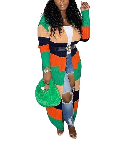 Image of SOMTHRON Women's Fall Cardigan Sweater Open Front Color Block Striped Knit Long Draped Coat Duster Outerwear