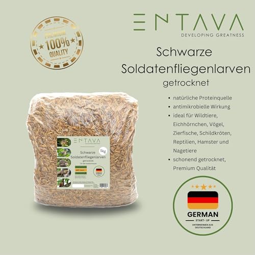 ENTAVA Soldatenfliegenlarven getrocknet 5kg - Getrocknete Insekten in Premium-Qualität, Soldatenfliegen für Vögel, Amselfutter, Koifutter, Igelfutter, Eichhörnchenfutter, Futter für Wildvögel