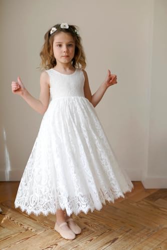 Boho Lace Flower Girls Dress Fancy Tea-Length V-Back Girls Birthday Party Dresses Sleeveless Kid's Formal Wedding Party Dress2