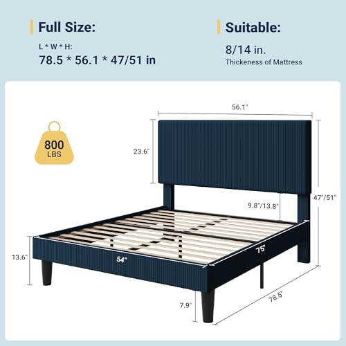 Image of Allewie Full Bed Frame, Corduroy Tufted Headboard, Dark Blue