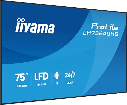 iiyama LH7564UHS-B1AG Digital Signage Flachbildschirm 190,5 cm 75 Zoll 3840 x 2160 Pixel WLAN 24/7 6,5 ms 5.000:1 500 cd/m² TFT HDMI RS-232 USB 2.0 Typ C