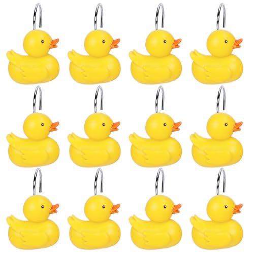 Whaline 12 Pcs Yellow Duck Shower Curtain Hooks Cute Duck Shower Curtain Rings Summer Resin Hanger Hooks for Nursery Living Room Bedroom Bathroom Decor