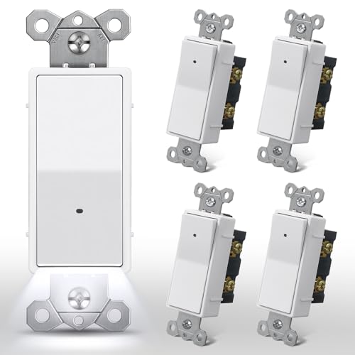 CML Illuminated Light Switch 5 Pack Decorator Rocker Paddle Interrupter with Cool White LED Night Light Single Pole Wall Lighted Switch with Automatic On/Off Sensor 15A 120V ETL Listed White