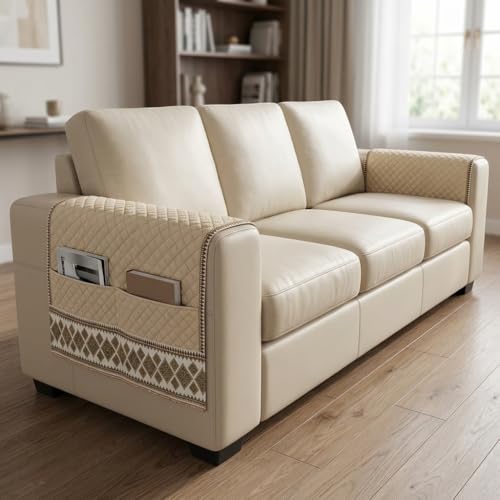 Image of KINGLY Armrest Cover with Pocket | Anti-Slip Sofa Arm Protector | Washable Arm Cover | Cream Beige