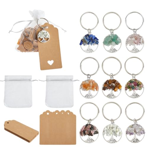 SUPERFINDINGS 18pcs Portachiavi Albero della Vita in Argento con Pietre Naturali e Sacchetti per Matrimoni e Shower