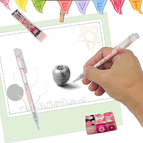 Lopuro Kawaii Mechanical Pencil Set, 10Pcs Blossoms Automatic Mechanical Pencils With 4 Tubes 0.5 Mm Hb Pencil Refills,3 Cute Cherry Erasers School Supplies For Student Writing, Drawing, Sketching #TOP2