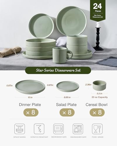 Image of Famiware Star 24-Piece Reactive Glaze Plates and Bowls Sets, Service for 8 - Stoneware Dinnerware Set, High Edge Ribbed Dishes, Chip & Scratch Resistant, Microwave & Dishwasher Safe, Matte Sage Green