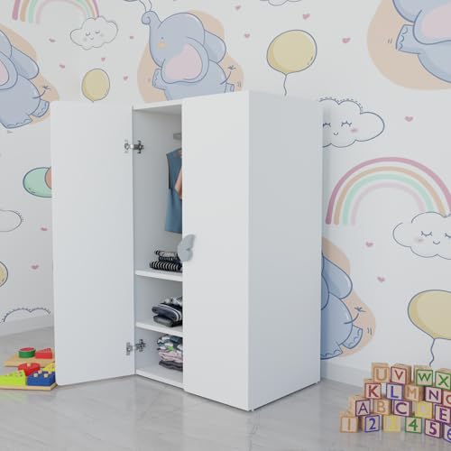 Image of VIKI Kids Wardrobe Almirah - 2 Door Kids Storage Cabinet with Hanging Rod for Bedroom, White (40x60x102 cm) | 1 Year Warranty