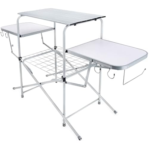 Camco Olympian Deluxe Portable Grill Table - Provides Plenty of Room for Grilling Gear While Camping - Folding Grilling Table Collapses for Compact Storage - Supports Up to 100lb (57293)