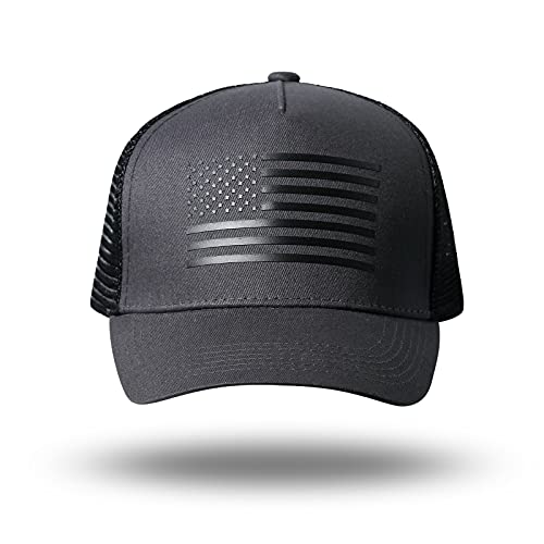 American Flag Trucker Hat - Snapback Hat, Baseball Cap For Men Women - Breathable Mesh Side, Adjustable Fit - For Casual Wear Dark Gray/Black #TOP5