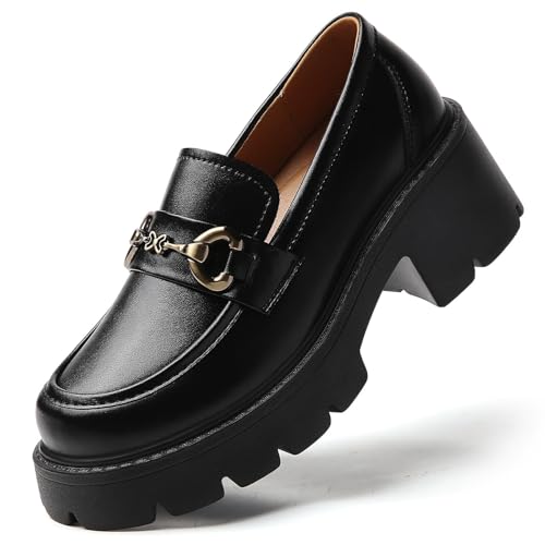Image of Chunky Loafers Women Shoes Platform Loafers Womens Loafer Heel | Comfortable Penny Lightweight Metal Buckle Work Office Dress Business Casual Formal Ladies Women's Slip-Ons