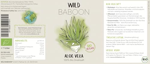 Wild Baboon Bio Aloe Vera Saft, 100% Direktsaft, 1200mg/Liter Aloverose, 1 Liter, nachhaltiger Anbau durch Familienbetrieb, Braunglas, Vegan, DE-ÖKO-005