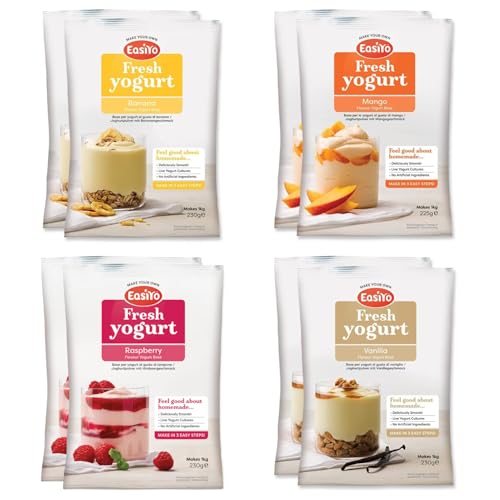 EasiYo Yogurt 8 Sachet Pack | EasiYo Everyday Mixed Pack | 2 x Banana 2 x Mango 2 x Raspberry 2 x Vanilla | Each Sachet Makes 1kg of Yoghurt