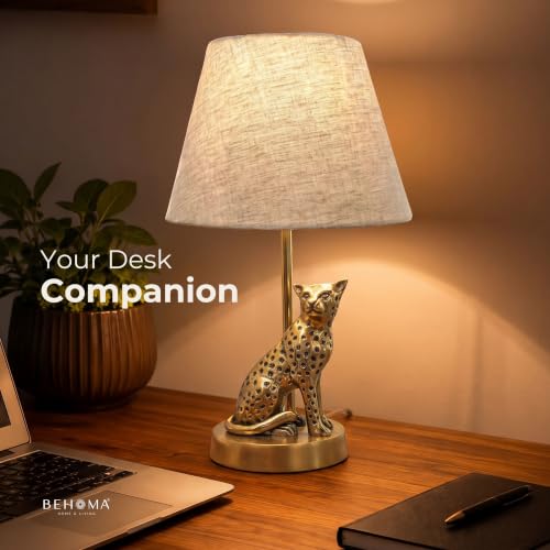 Image of BEHOMA Jaguar Table Lamp with Antique Aluminium Base & Fabric Shade | Elegant Home & Office Decor | Gift for Men, Kids, Housewarming Anniversary & Birthday Diwali Festivals (Bulb Not Included)