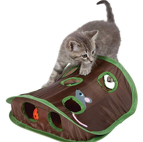 Citmage Cat Mice Toy Pop-up Flexible Intelligence Play Toys Hide and Seek Game 9 Holes Interactive Tent Mouse Hunt Activity with Ball,Mouse for Cats,Kitties (Brown-Green)