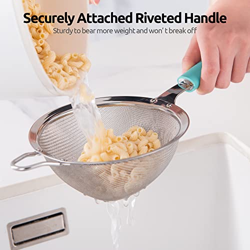 Image of 18 /8 Stainless Steel Mesh Strainer: U-Taste 5.5 Inch Kitchen Fine Mesh Sieve Food Colander with Riveted Sturdy Silicone Handle and 30 Mesh Hole for Straining Flour, Pasta, Fruit, Quinoa(Aqua Sky)