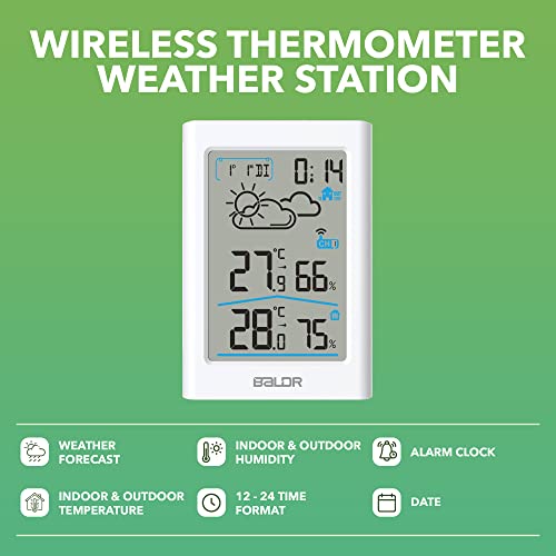 Baldr Wireless Thermometer Weather Station- Home Wireless Weather Stations For Indoor & Outdoor Uses - With Temperature Monitor, Humidity Gauge, Time & Date Display, White Blacklight Lcd (White) #TOP1