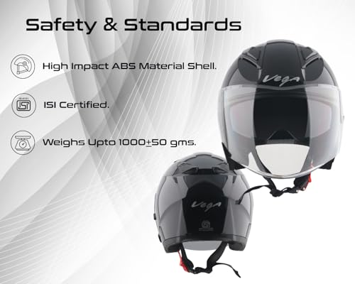 Image of Vega VO 03 Swift Dual Visor Open Face Motorcycle Helmet with Aerodynamic Lightweight Shell, Shock-Absorbing Interior, Comfortable Fit, Trendy Black Finish Black XL