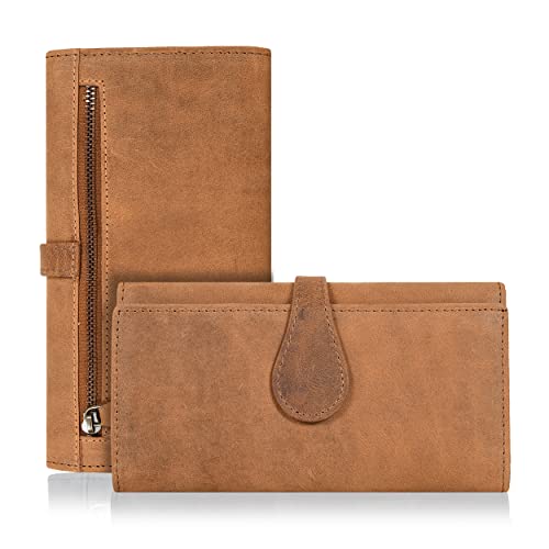 Image of Real Leather Women Wallet Leather with RFID Blocking -Trifold Card Holder Designer Ladies Clutch with ID Window Wallets, Cognac, Small, Vintage, Minimalist