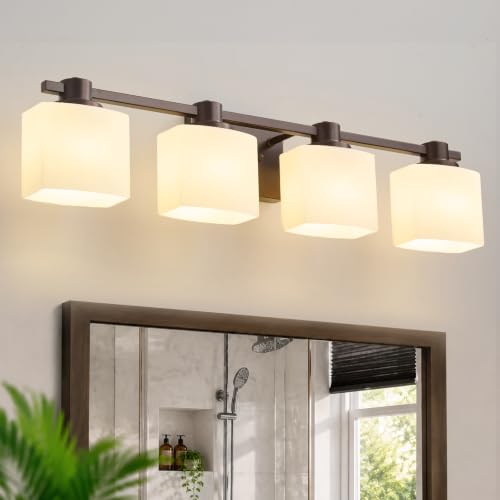 Image of 32 Inch Oil Rubbed Bronze Vanity Light for Bathroom Light Fixtures Over Mirror 3 Light Bathroom Vanity Light Vintage Rustic Farmhouse Lighting Bulb lamp Modern Above Sink wall Sconce