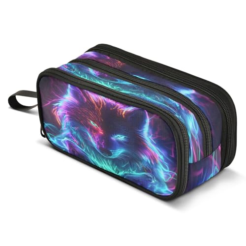 Image of Neon Wolf Galaxy Wolves Pencil Case Large Capacity Pencil Pouch Box Boys Girls School Supplies Pen Case Bag with Handle 3 Compartments Zipper