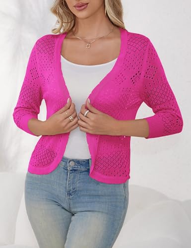 Image of REDHOTYPE Women's 3 /4 Sleeve Cardigan Open Front Cropped Shrugs Summer Hollowed Lightweight Cardigans Sweater (S-XL)