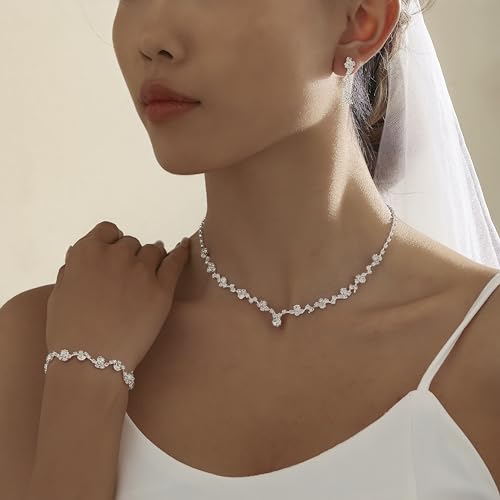 Silver Jewelry Sets for Women Rhinestone Necklace Dangle Earrings Bracelet Set Bridal Wedding Jewelry Sets for Brides Bridemaid Prom Costume Accessories Jewelry2