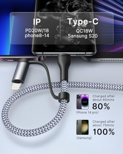 Image of XUDUO 4 in 1 Charging Cable [2Pack 6.6FT] Fast Charging Cord Apple MFi Certified Lightning Cable Nylon Braided 60W Multi USB C Cable for iPhone 16 /15 14 13 12 iPad Samsung Galaxy MacBook iPad Tablets