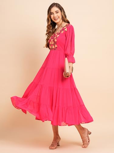 Image of RATAN Women's Floral Embroidered Puff Sleeve Chiffon Flared Tiered Kurta Gown Maxi Dress