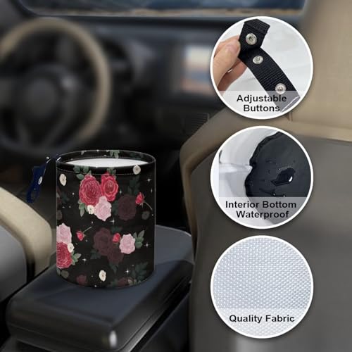 Image of Rose Black Patterns Car Trash Can Car Bag Accessories Interior Garbage Bin Hanging Portable Dustbin Bin Waste Basket Collapsible Car Trash Can Universal