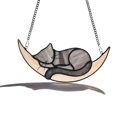 WeDcpcin Grey Cat on the Moon Stained Glass Window Hanging Suncatcher Indoor Ornament & Outdoor Decor Gifts for Lover and Friends (Grey)