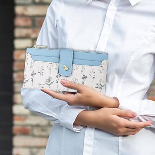 Image of Farcauo Wallet Women Slim Wallets for Women with RFID Blocking Cute Thin Blue Women's Wallet Kawaii Flower Womens Ladies Card Holder Wallets